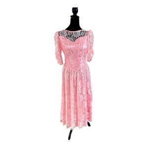 60s‎ lovely vintage lace midi dress with back bow size small in true pink